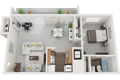 Non-Renovated 1 Bed 1 Bath 526 sf 3D Floor Plan at Falls Village Apartments, Baltimore